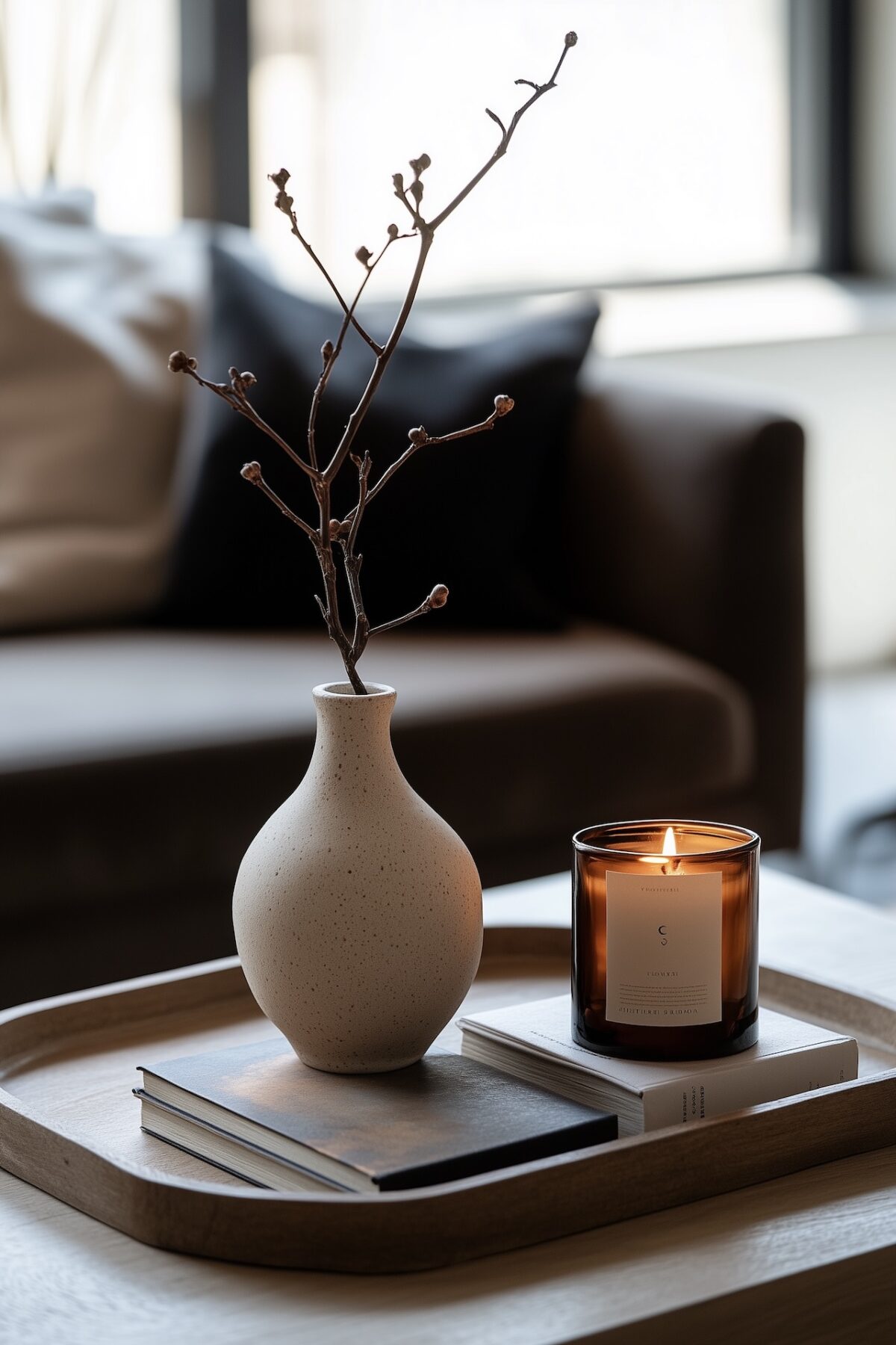 Vignette curatée sur un plateau en chêne posé sur une table basse, vase en céramique mouchetée avec branche de bourgeons, bougie allumée dans un verre ambré posée sur une pile de livres, canapé foncé en arrière-plan flou