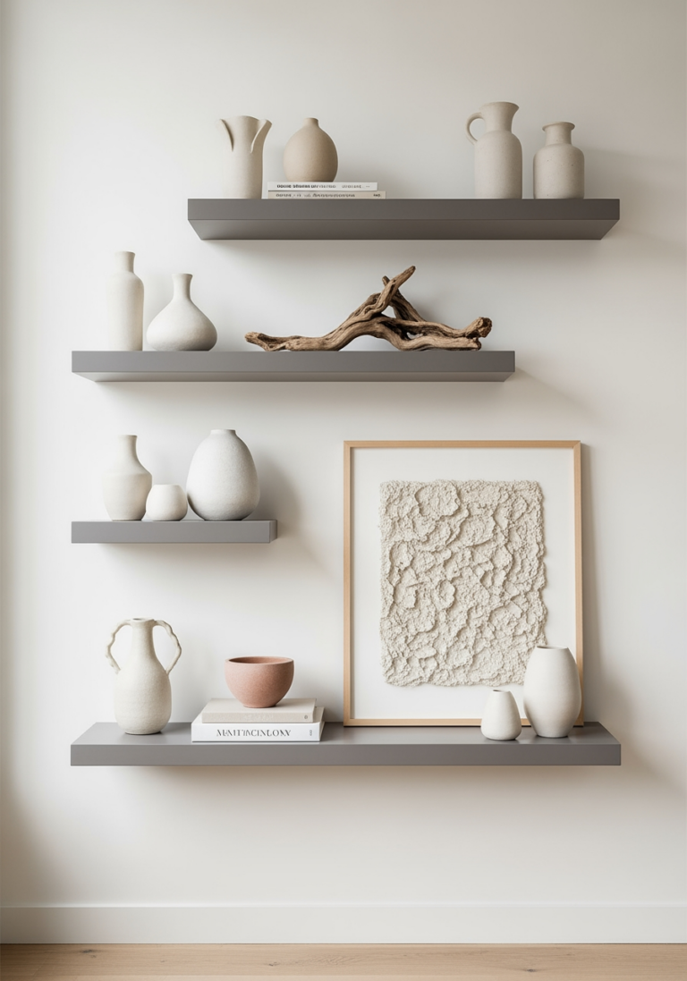 Des étagères décorées avec des objets personnels et uniques, représentant un intérieur qui suit ses propres règles et sa propre personnalité.