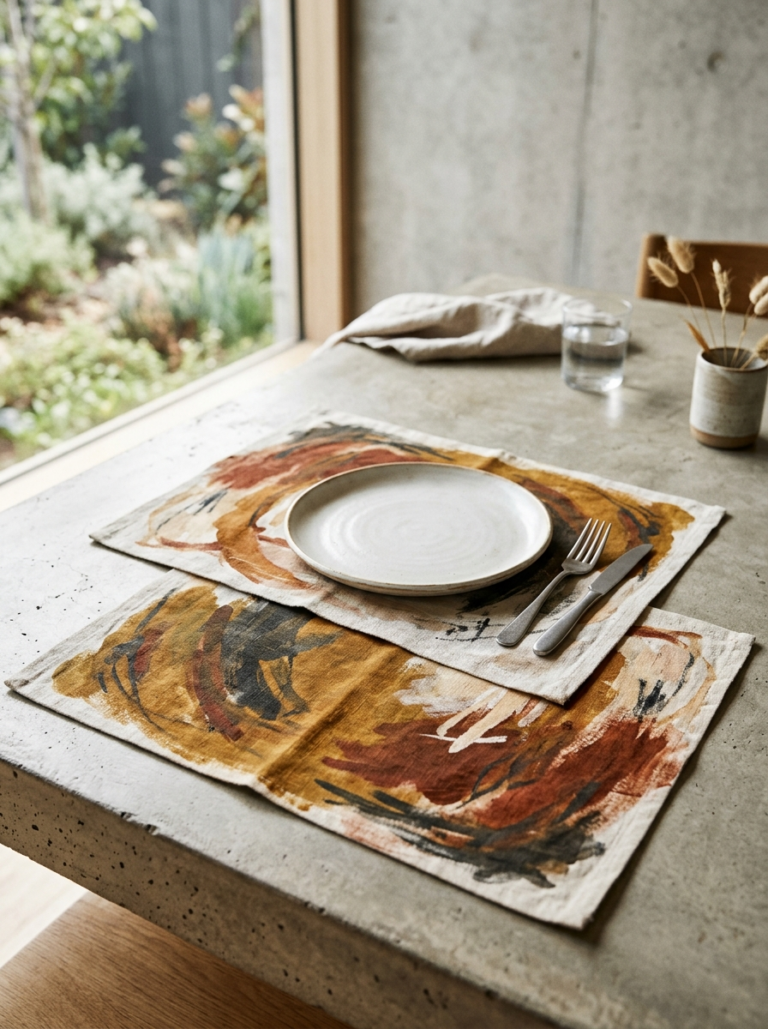 Deux sets de table faits-main avec un motif abstrait dans des tons ocre et terre cuite, posés sur une table.