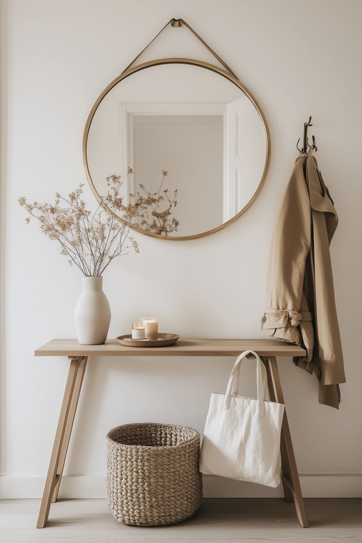 Entrée minimaliste avec console en chêne, grand miroir rond en laiton suspendu par une lanière, vase en céramique avec fleurs séchées, coupelle à bougies, trench beige accroché, panier tressé, sac en toile