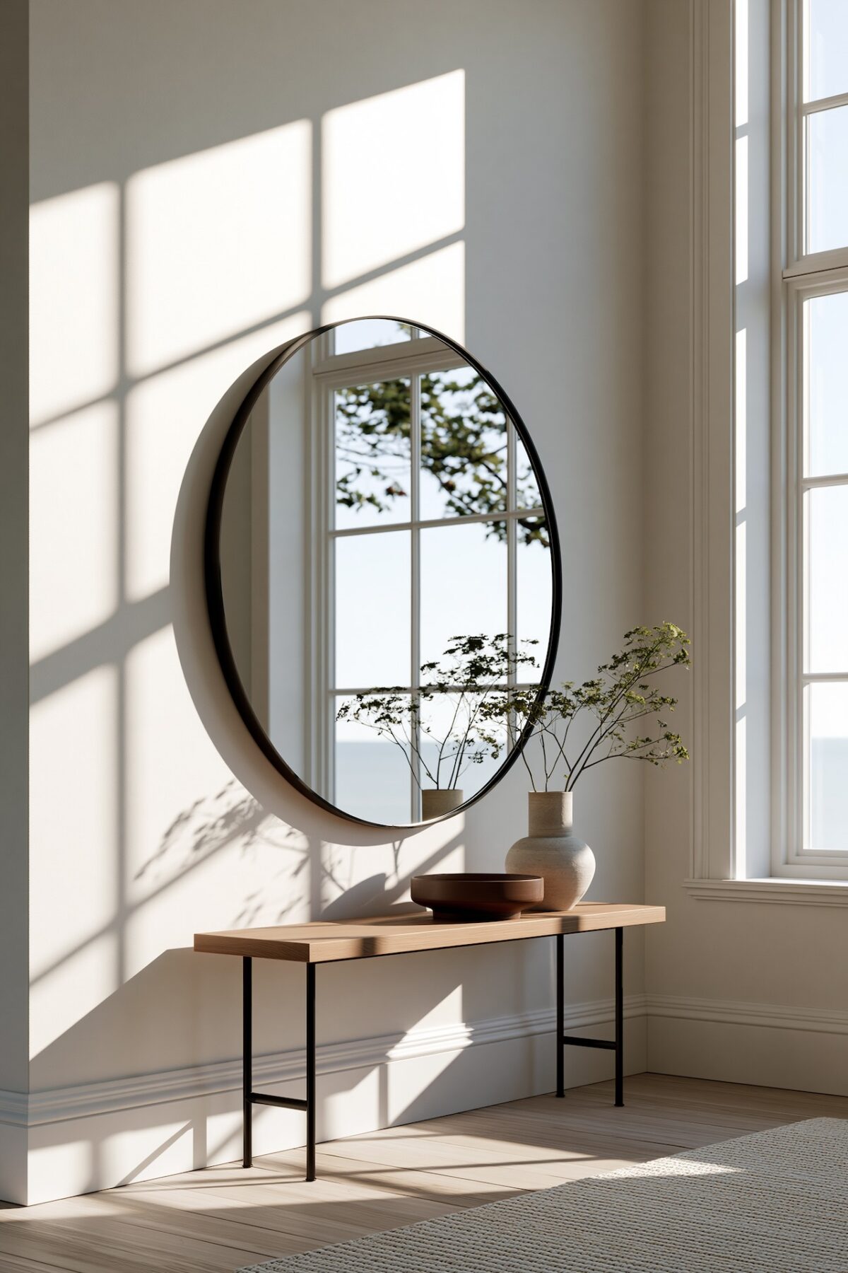 Grand miroir rond à cadre noir fin accroché face à une haute fenêtre, reflétant le ciel, les arbres et la lumière du jour, console en bois et métal en dessous avec vase en céramique et coupelle en terre, ombres graphiques de la fenêtre projetées au mur et au sol