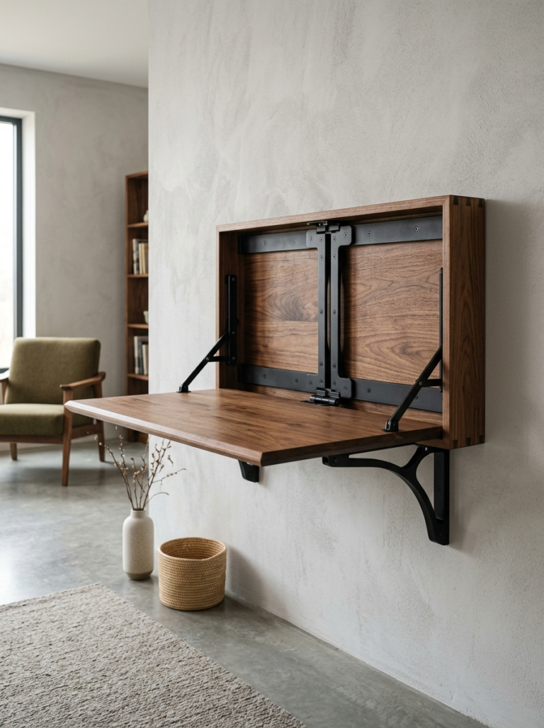 Gros plan sur la finition et le mécanisme en bois et métal d'un bureau design de fabrication française.