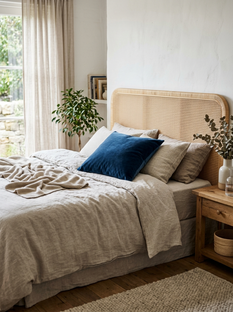Gros plan sur un lit avec un mélange de matières nobles : un coussin en velours, une couette en lin et une tête de lit en cannage.