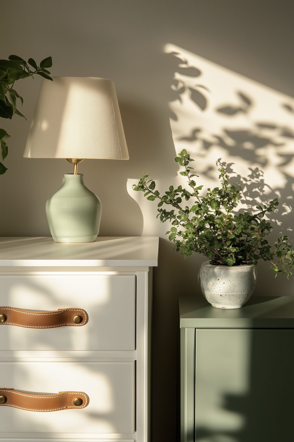 Commode blanche transformée avec des poignées à lanière en cuir camel, lampe en céramique vert sauge avec abat-jour en lin posée dessus, à côté d'un meuble vert sauge avec plante en pot artisanal, ombres végétales au mur