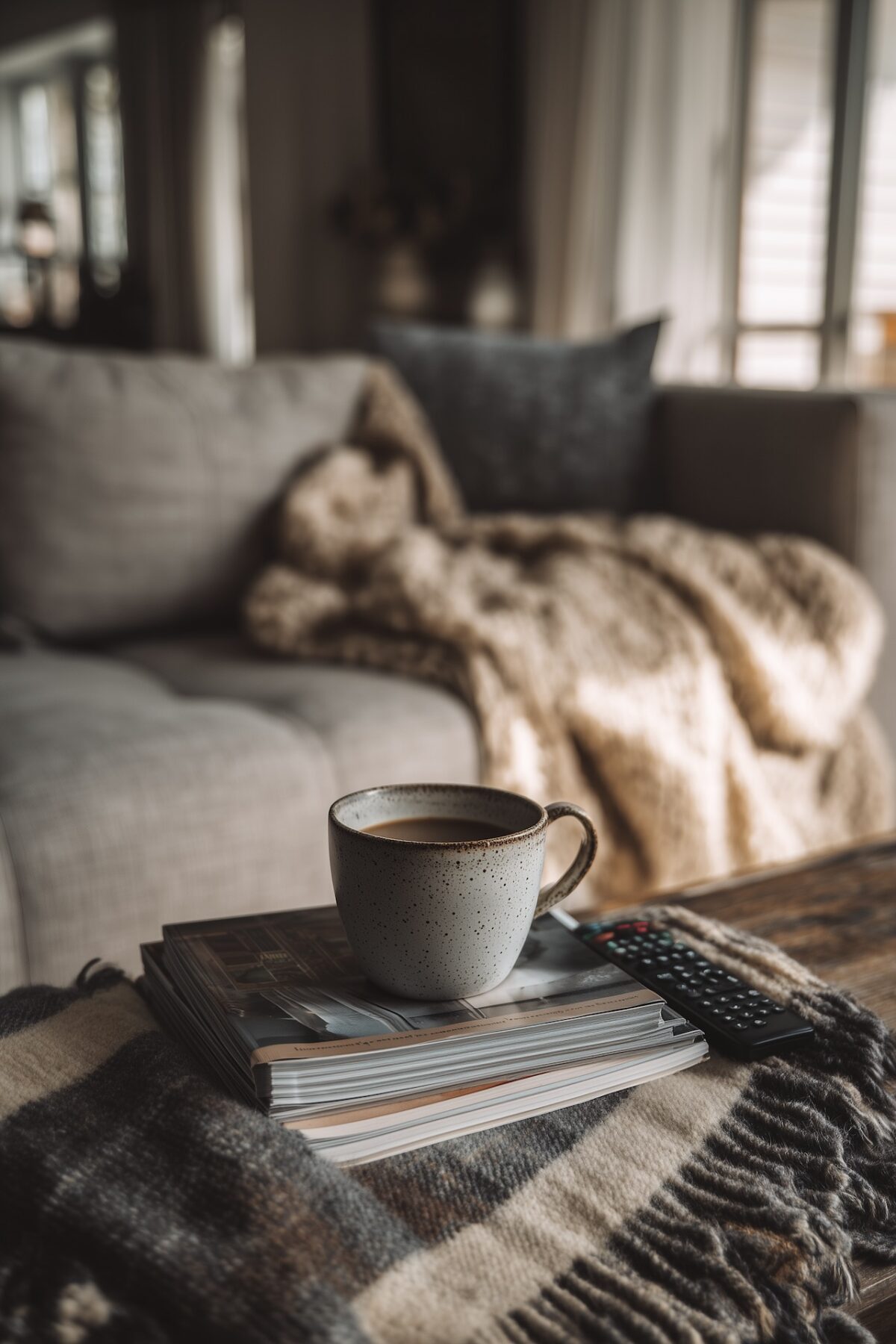 Gros plan sur une table basse de salon vécu avec tasse de café en grès sur une pile de magazines, télécommande, plaid à carreaux froissé sur le canapé gris en arrière-plan, lumière douce d'après-midi