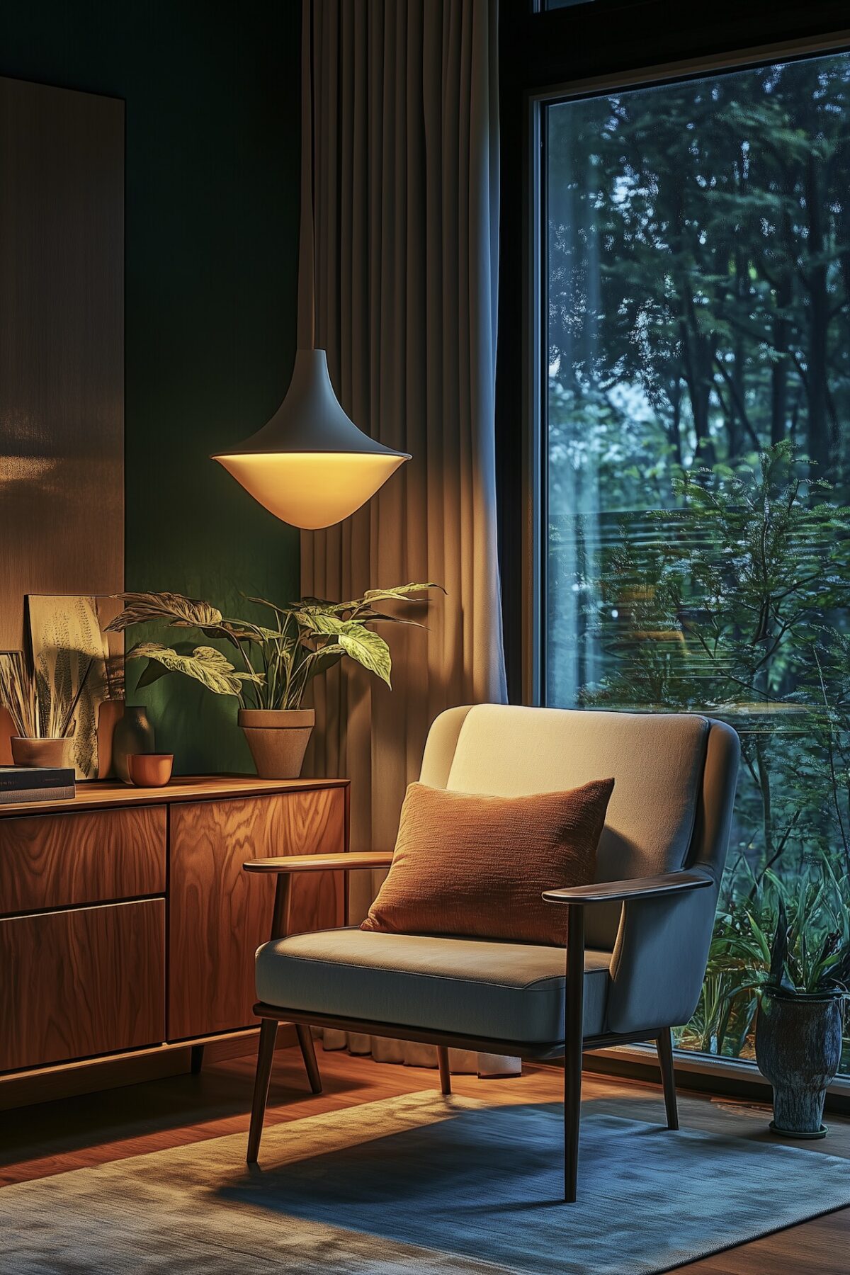 Coin salon avec trois niveaux d'éclairage : suspension design, rétroéclairage LED sur étagères et lampe sur buffet en bois, fauteuil mid-century crème avec coussin terracotta, murs vert foncé