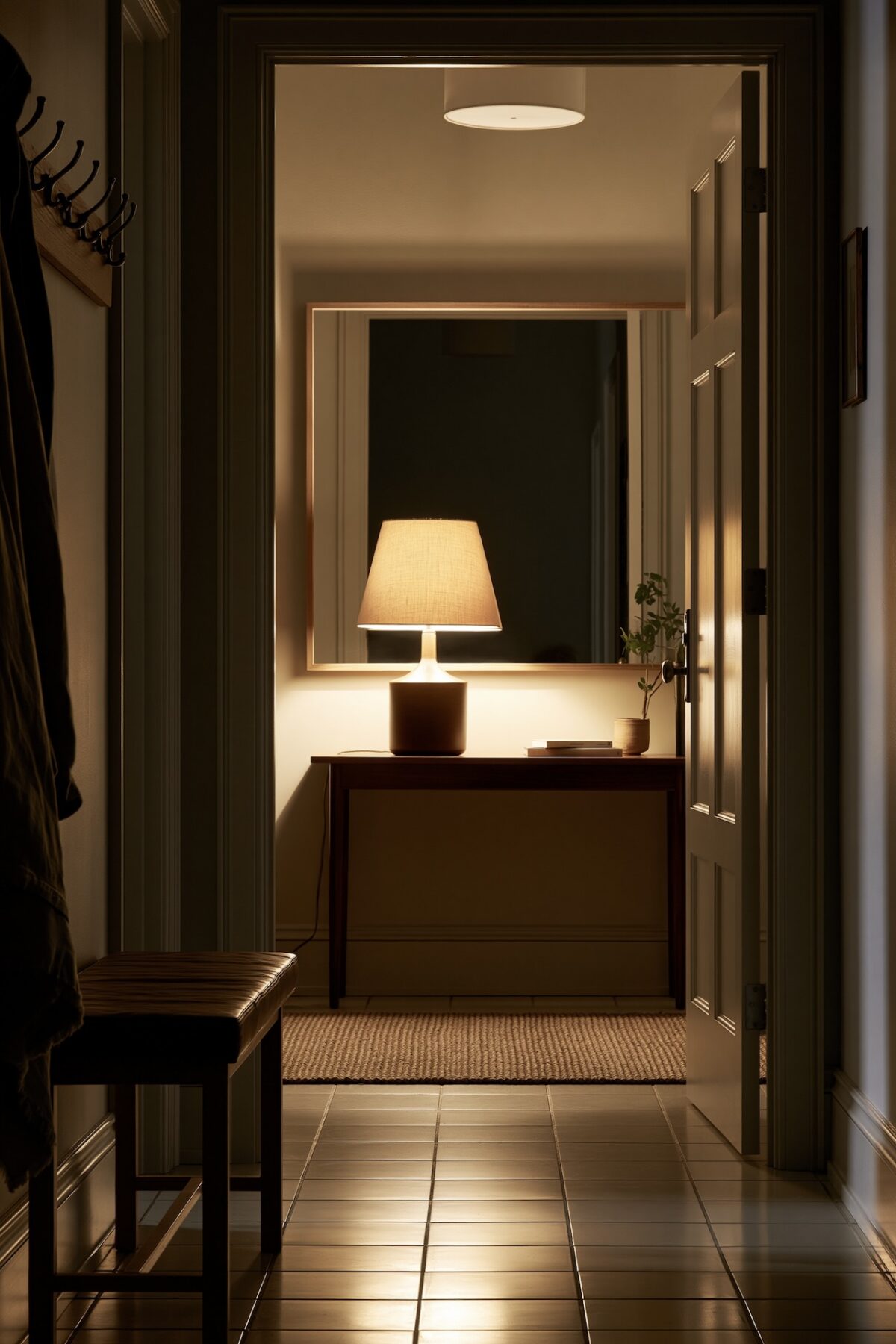 Entrée sans fenêtre éclairée par un grand miroir au mur avec une lampe à poser en céramique sur une console en bois devant, la lumière chaude de l'abat-jour doublée par le reflet, porte-manteaux et banc visibles, tapis en jute au sol