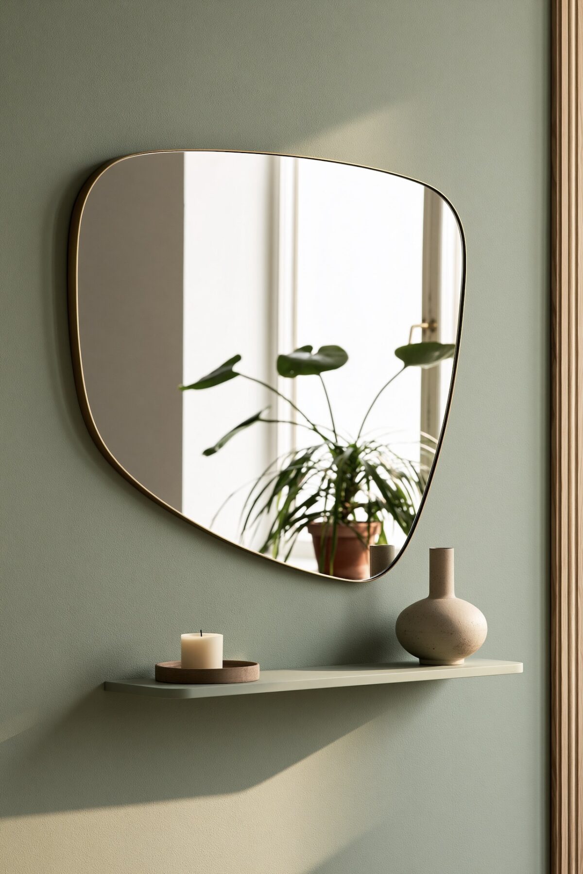 Miroir asymétrique à cadre fin en laiton accroché sur un mur vert pastel, reflétant une fenêtre lumineuse et une plante tropicale, étagère flottante en dessous avec bougie sur coupelle en bois et petit vase en céramique
