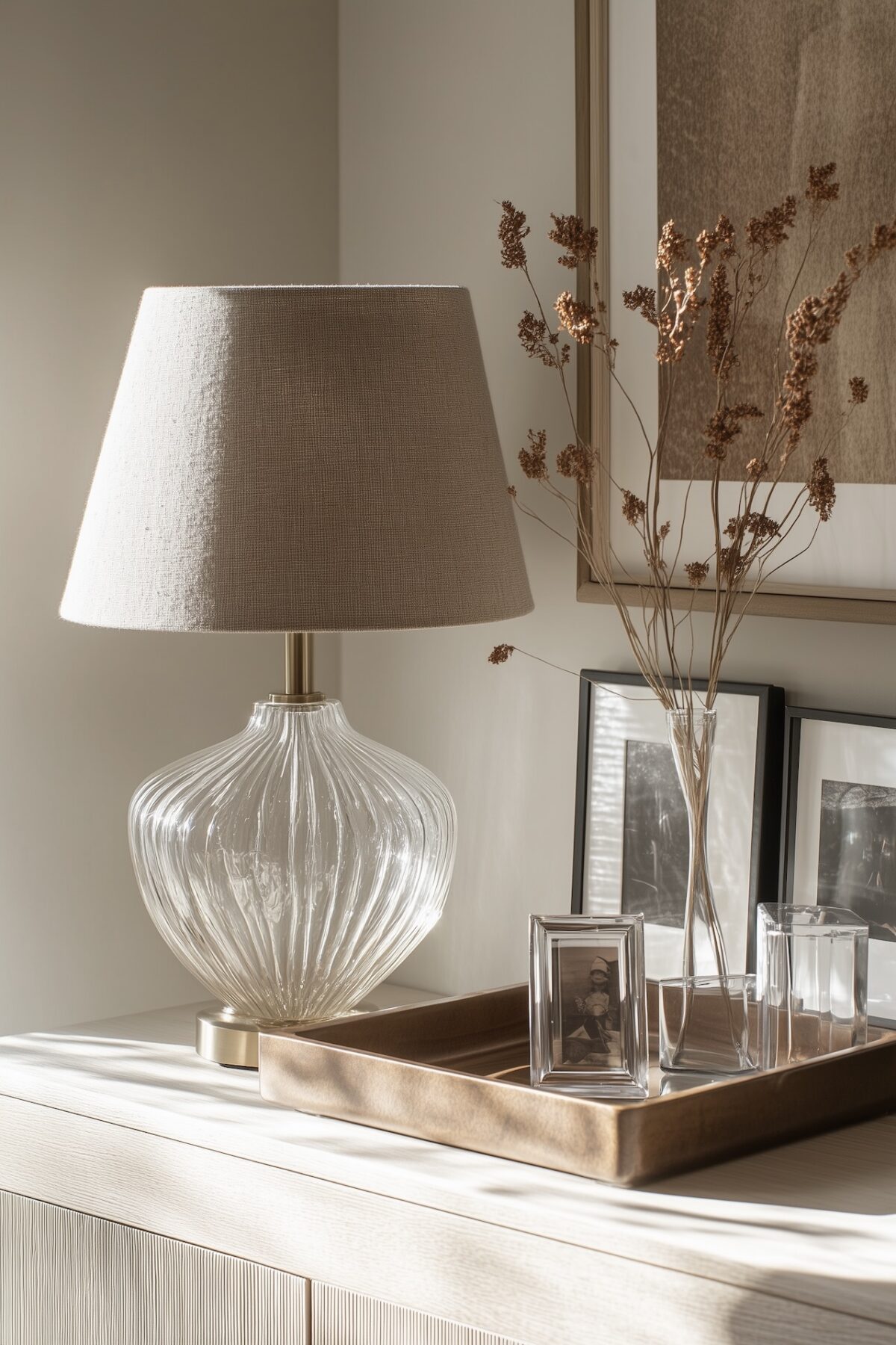 Vignette décorative sur buffet en chêne clair avec lampe à pied en verre strié et abat-jour lin, vase en verre, cadres photo et plateau en laiton brossé, lumière naturelle latérale