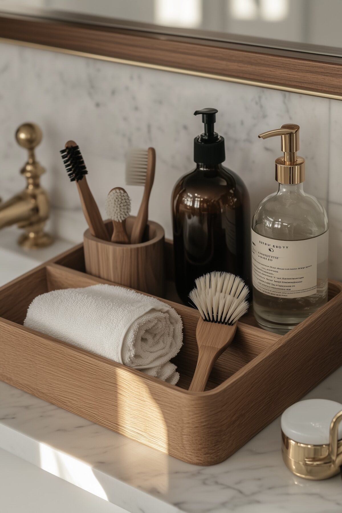 Panier de nettoyage moderne en bois posé sur le sol d'une salle de bain, contenant des brosses à manche en bois, un tissu en lin plié, une bouteille de savon noir et un spray de vinaigre blanc