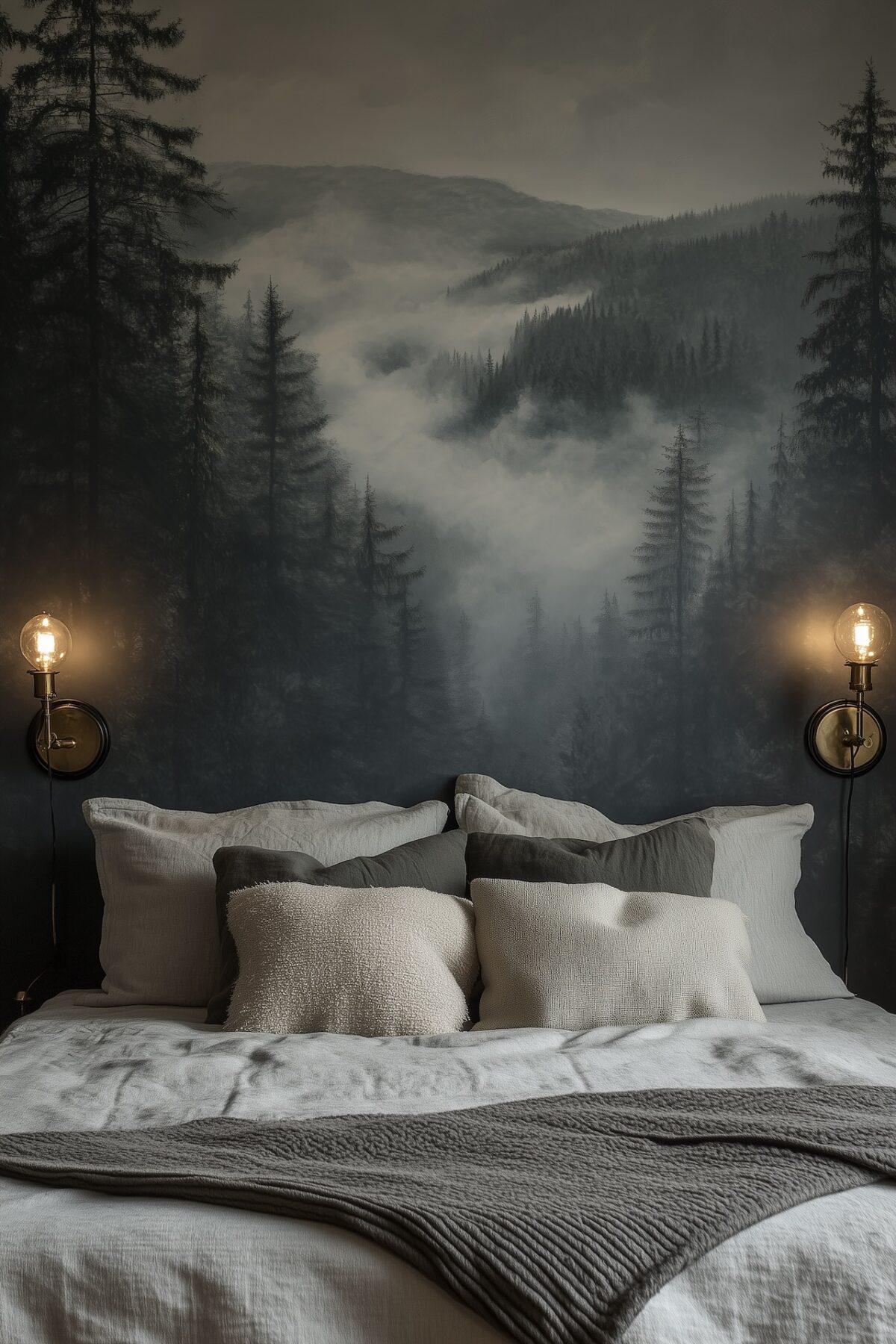 Chambre moody avec papier peint panoramique représentant une forêt de sapins brumeuse derrière le lit, draps en lin blanc et gris, coussins bouclé, appliques murales en laiton de chaque côté