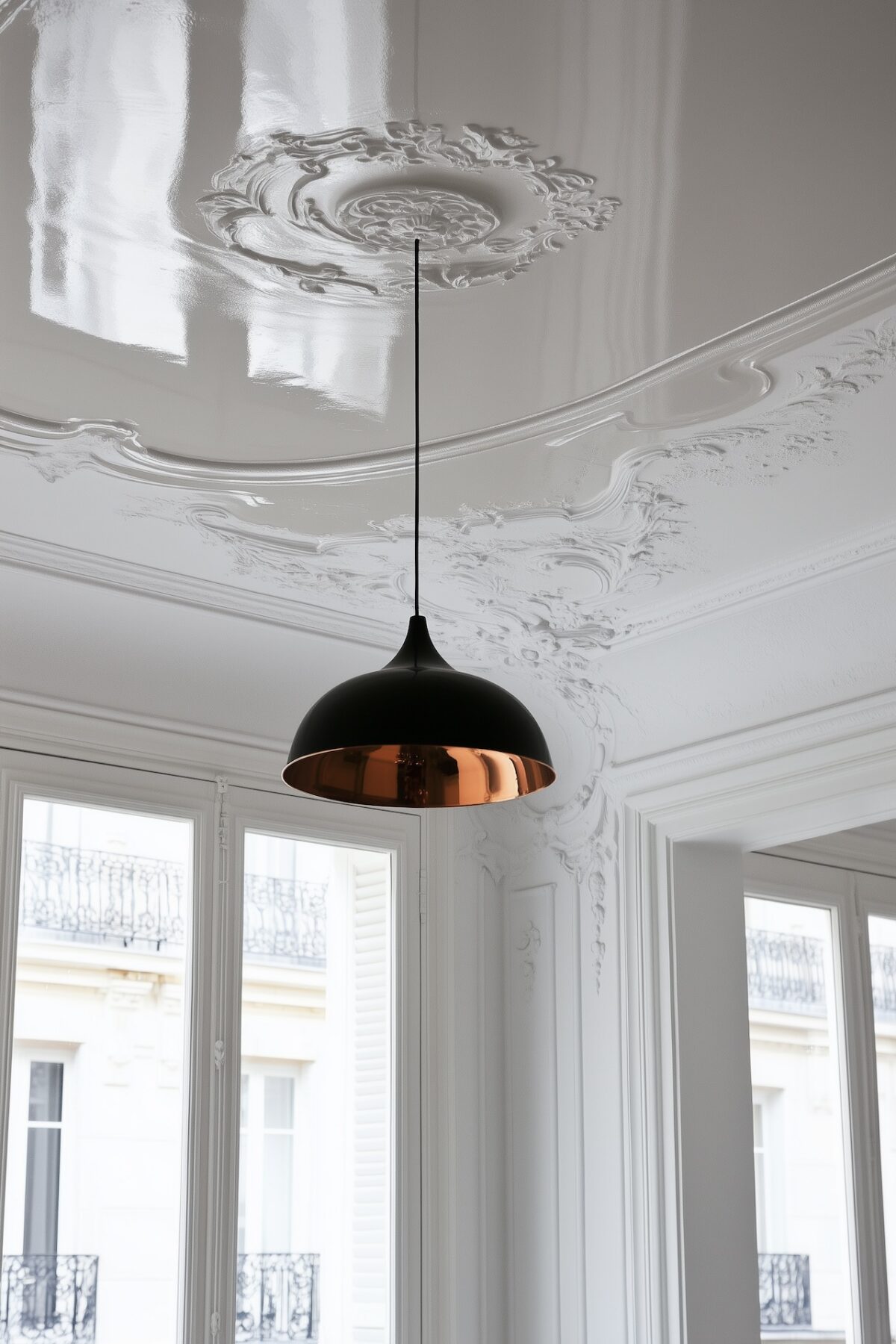 Vue en contre-plongée d'un plafond haussmannien peint en laqué blanc brillant avec moulures ornementales et rosace, suspension design noire et cuivre, reflets de lumière sur la surface