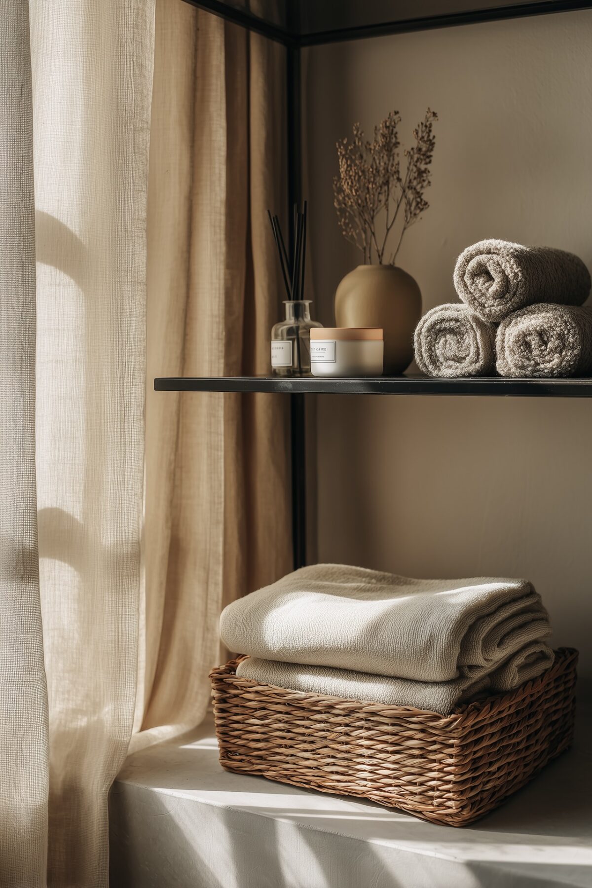 Coin salon avec rangements discrets pour invités : panier tressé avec plaid, serviettes roulées sur étagère