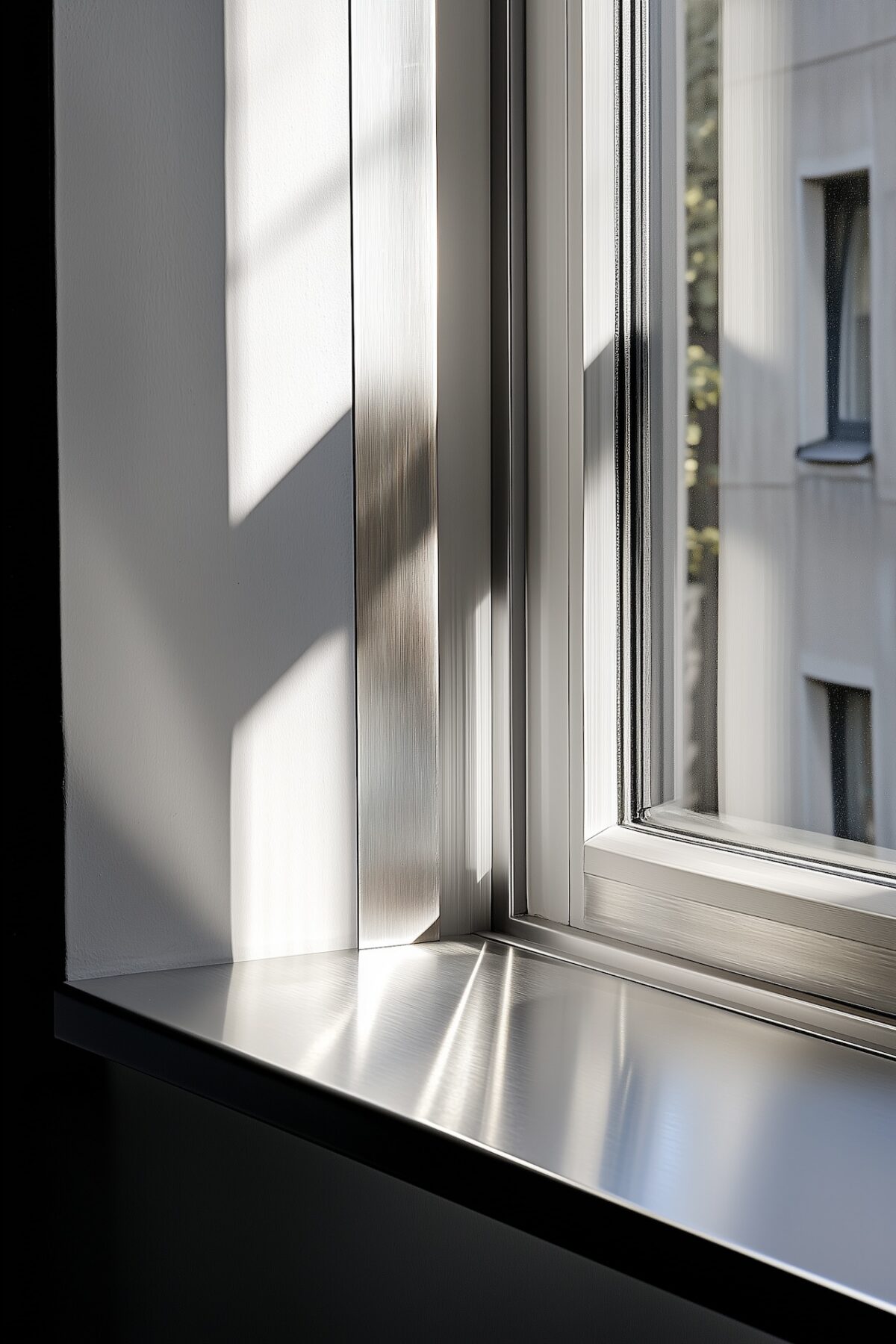 Gros plan sur un rebord de fenêtre avec surface réfléchissante métallique captant la lumière du jour et la redirigeant vers l'intérieur, vue sur immeuble en vis-à-vis, pièce sombre autour