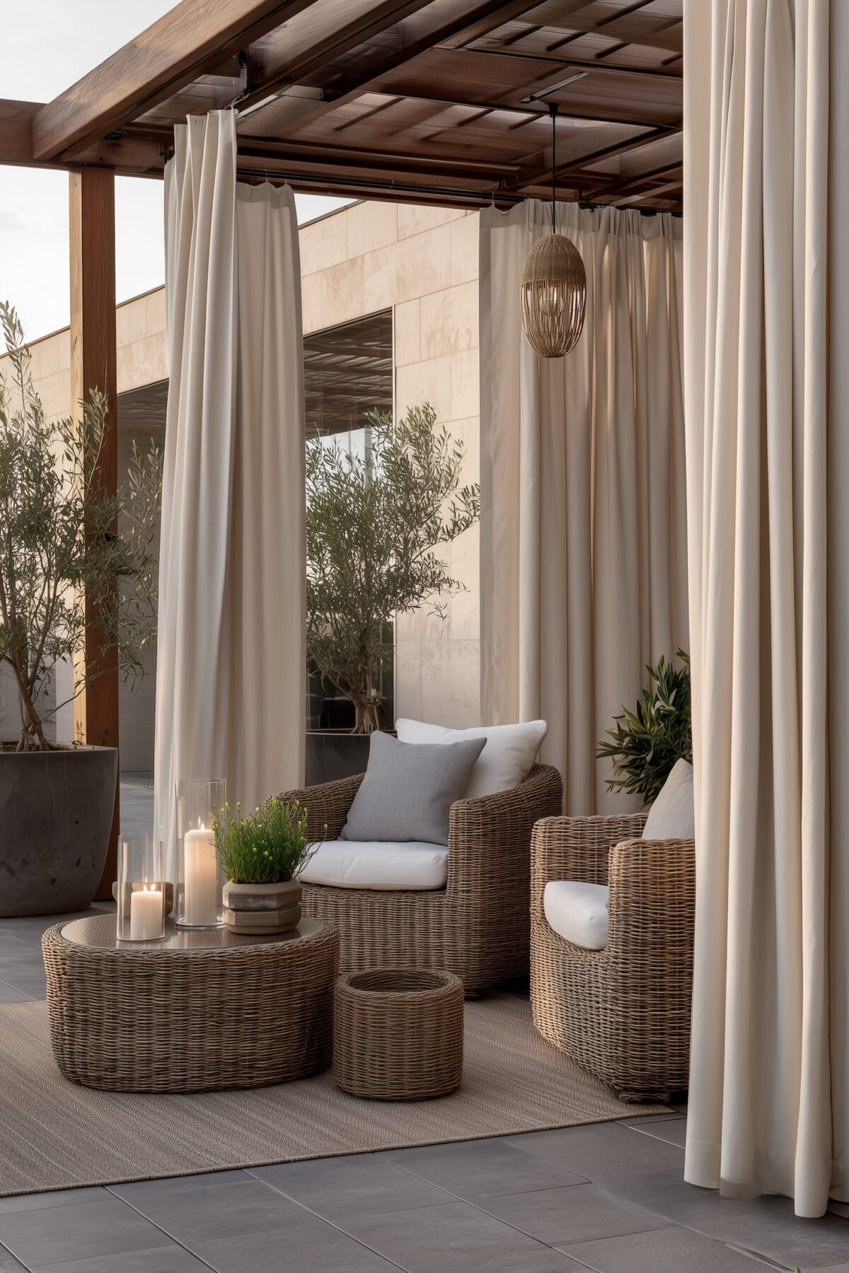 Pergola avec rideaux d'extérieur crème mi-tirés, fauteuils en osier et bougies, lumière tamisée du soir filtrant à travers le tissu outdoor
