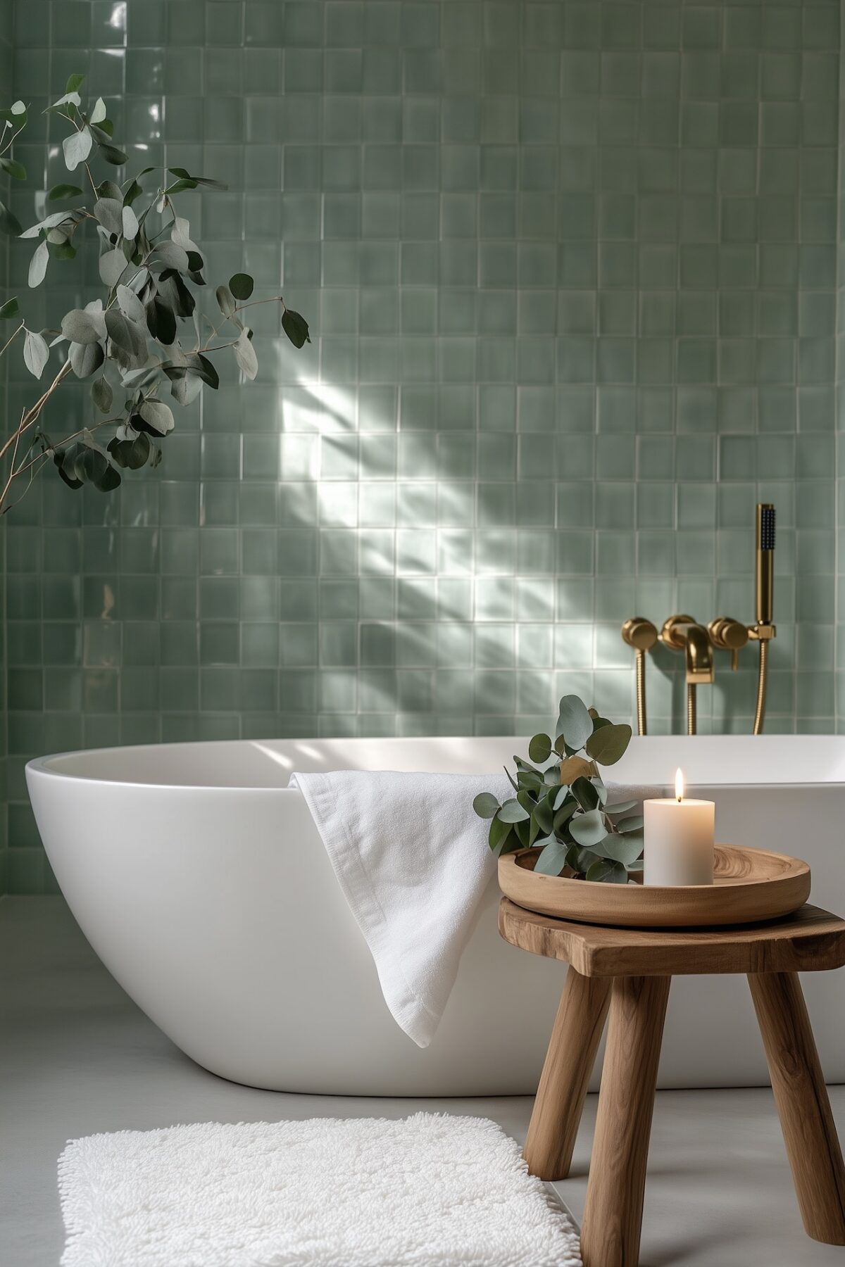 Salle de bain aspirationnelle avec baignoire îlot blanche, mur en zellige vert sauge, tabouret en teck avec bougie et eucalyptus, robinetterie dorée, serviette blanche, lumière naturelle douce