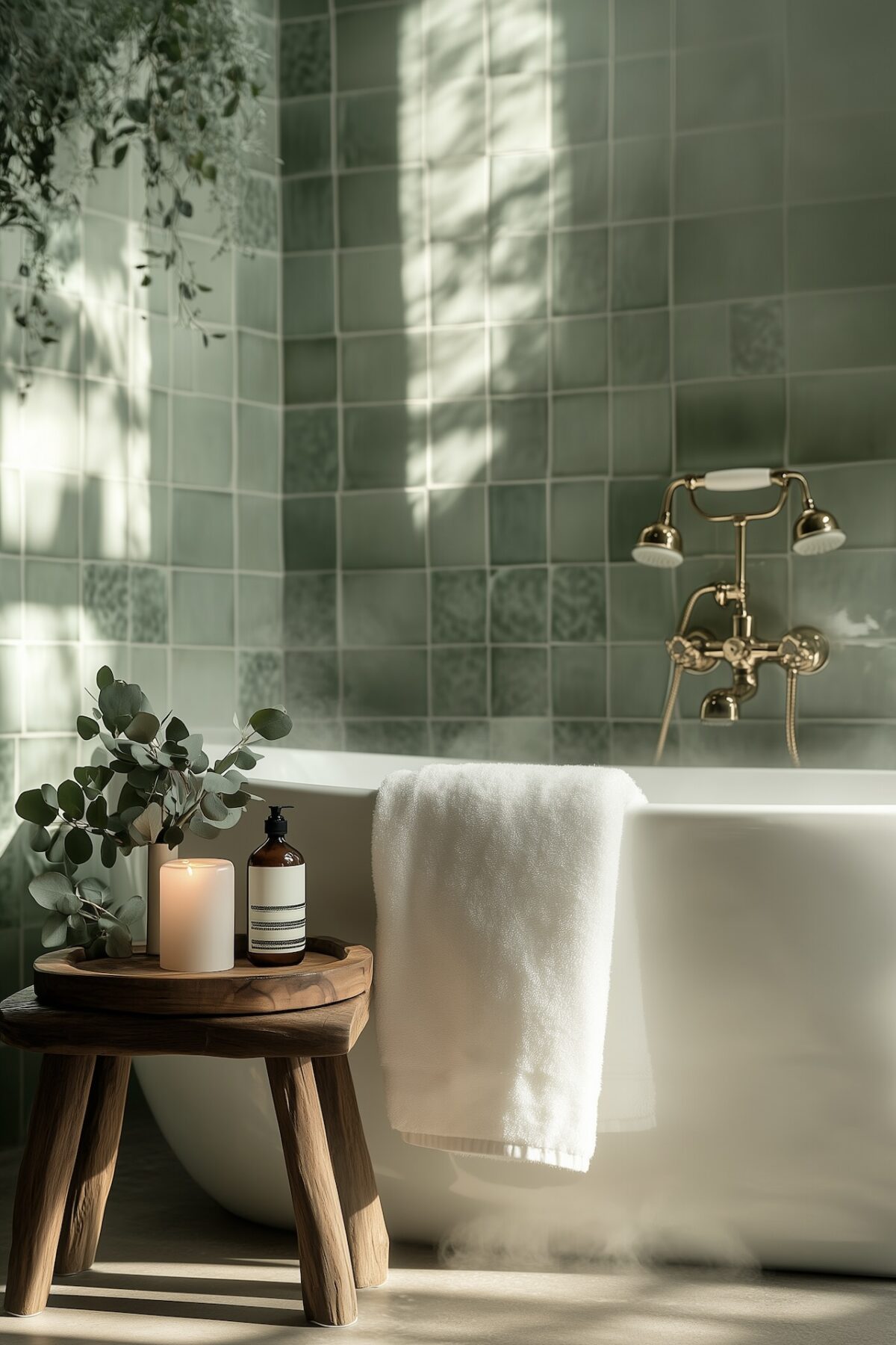 Vue rapprochée d'une salle de bain avec mur en zellige vert sauge, baignoire blanche avec serviette, tabouret en bois avec bougie allumée, eucalyptus et savon artisanal, vapeur et lumière tamisée