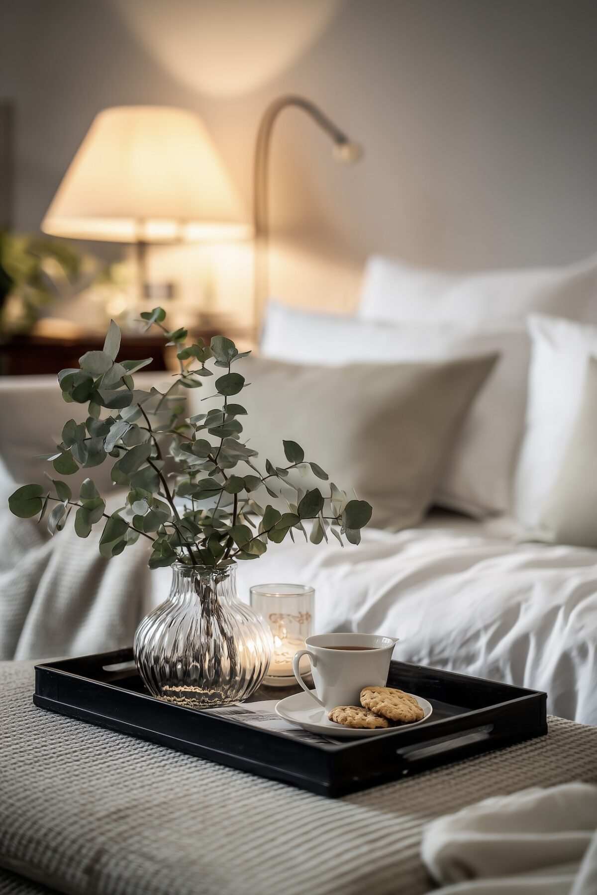 Salon converti en chambre d'amis avec lit ouvert, literie blanche, lampe tamisée et plateau tisane