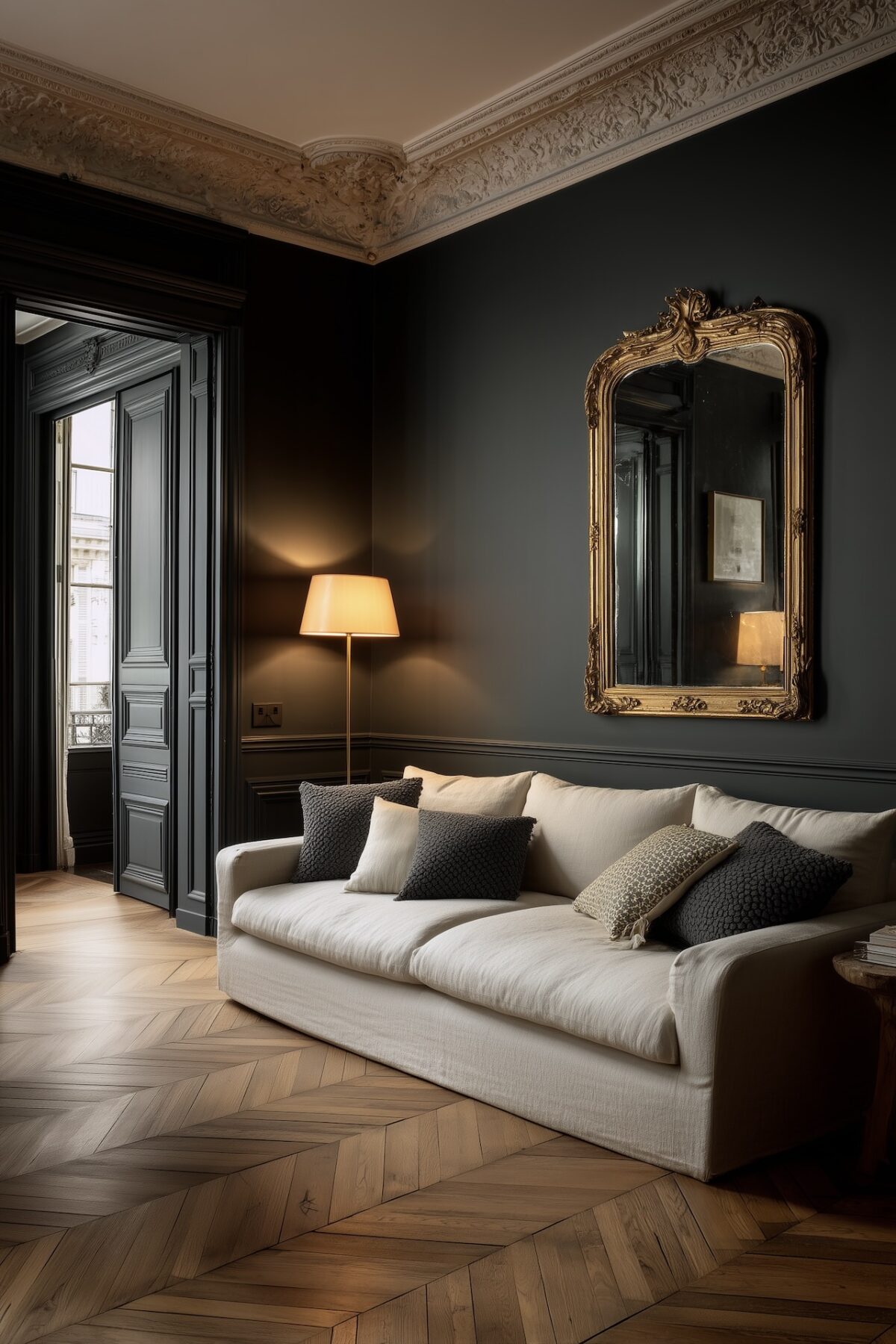 Salon haussmannien avec murs gris anthracite mat, corniche ornementale, canapé en lin crème avec coussins texturés, miroir baroque doré, lampadaire à abat-jour lin, parquet à chevrons