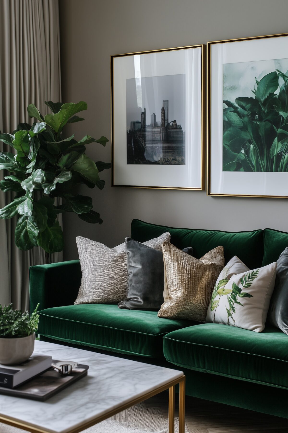 Salon style Pinterest avec canapé en velours vert émeraude garni de coussins en bouclé, velours gris et doré, table basse en marbre et laiton, figuier lyre, deux cadres dorés au mur