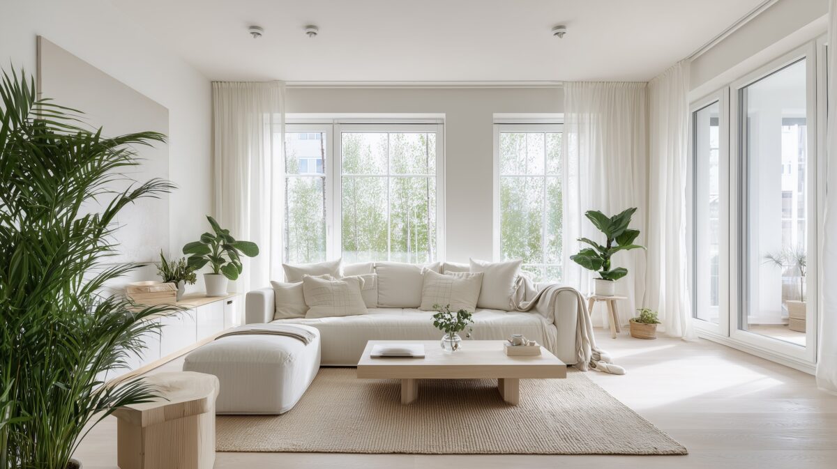 Salon scandinave lumineux avec sol écologique naturel, canapé beige en lin et plantes vertes