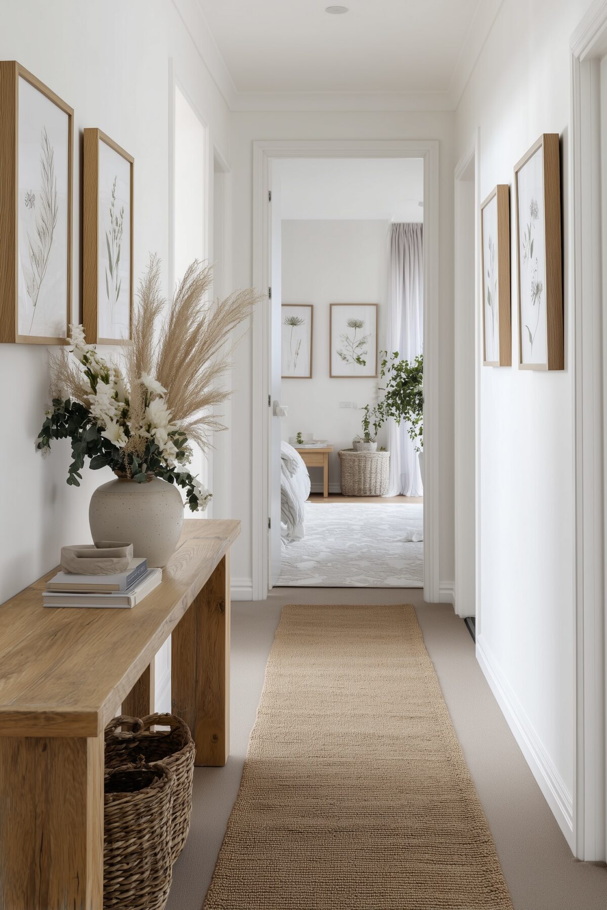 Couloir habillé d'un tapis en fibres végétales naturelles type jonc de mer et console en bois