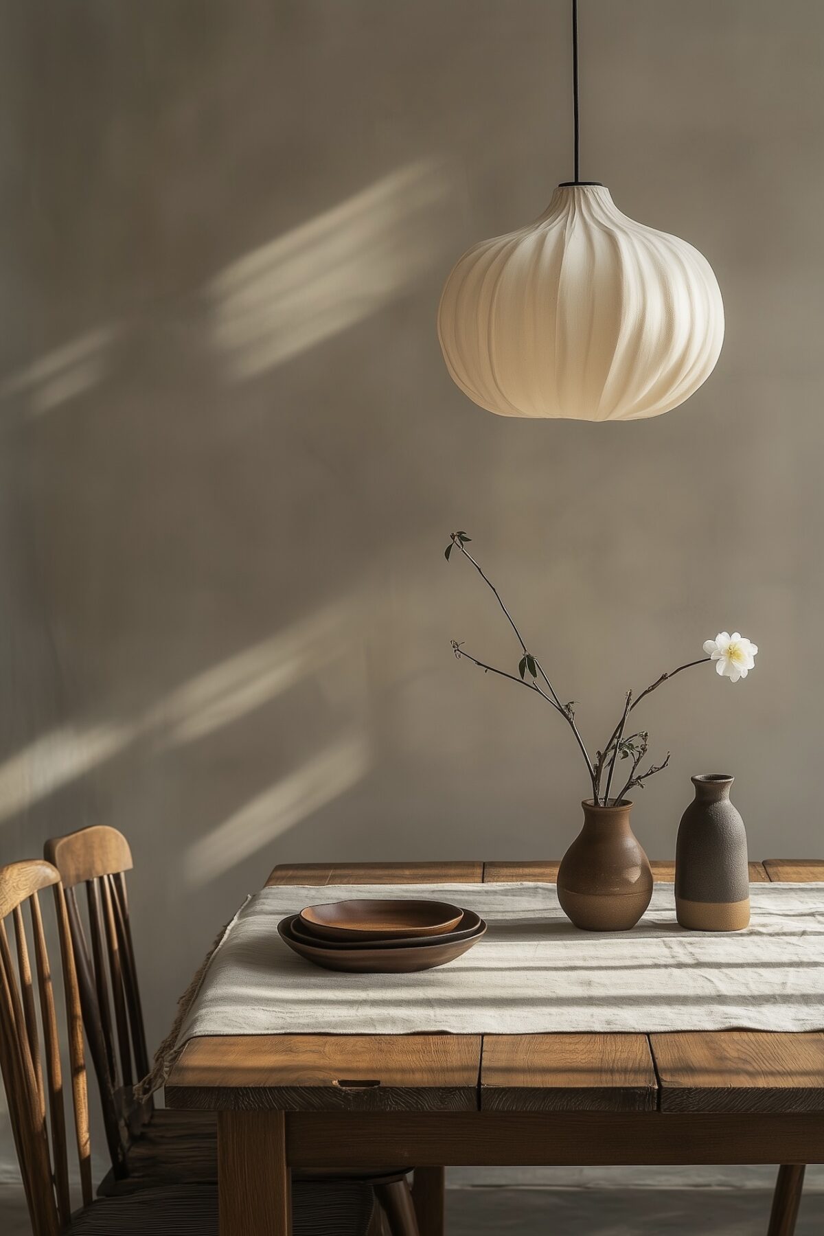 Coin repas illustrant la technique high/low, suspension sculpturale en céramique plissée au-dessus d'une table en bois simple avec chemin de table en lin, vases artisanaux et assiettes en terre cuite, chaises en bois, lumière chaude