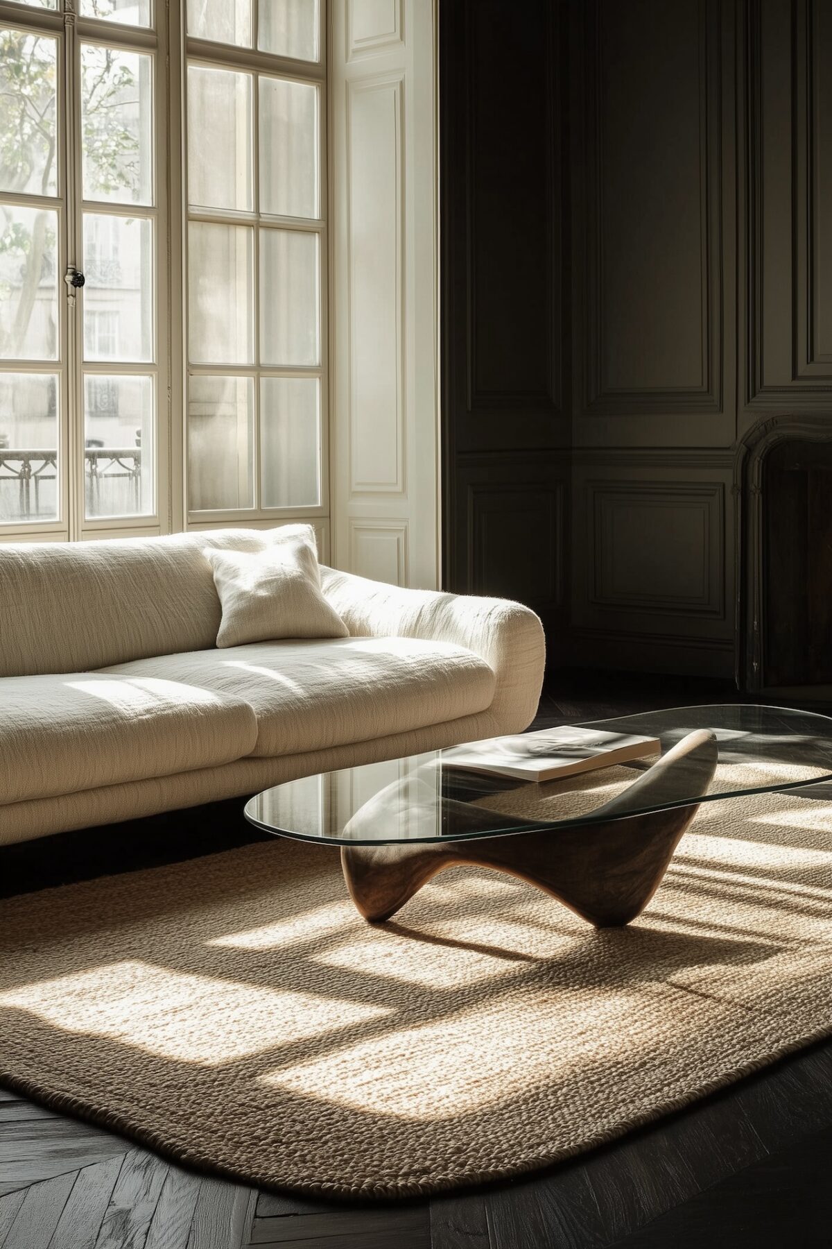 Salon avec parquet sombre partiellement couvert d'un grand tapis en jute naturel qui reflète la lumière, canapé bouclé crème et table basse en verre organique, rayons de soleil au sol