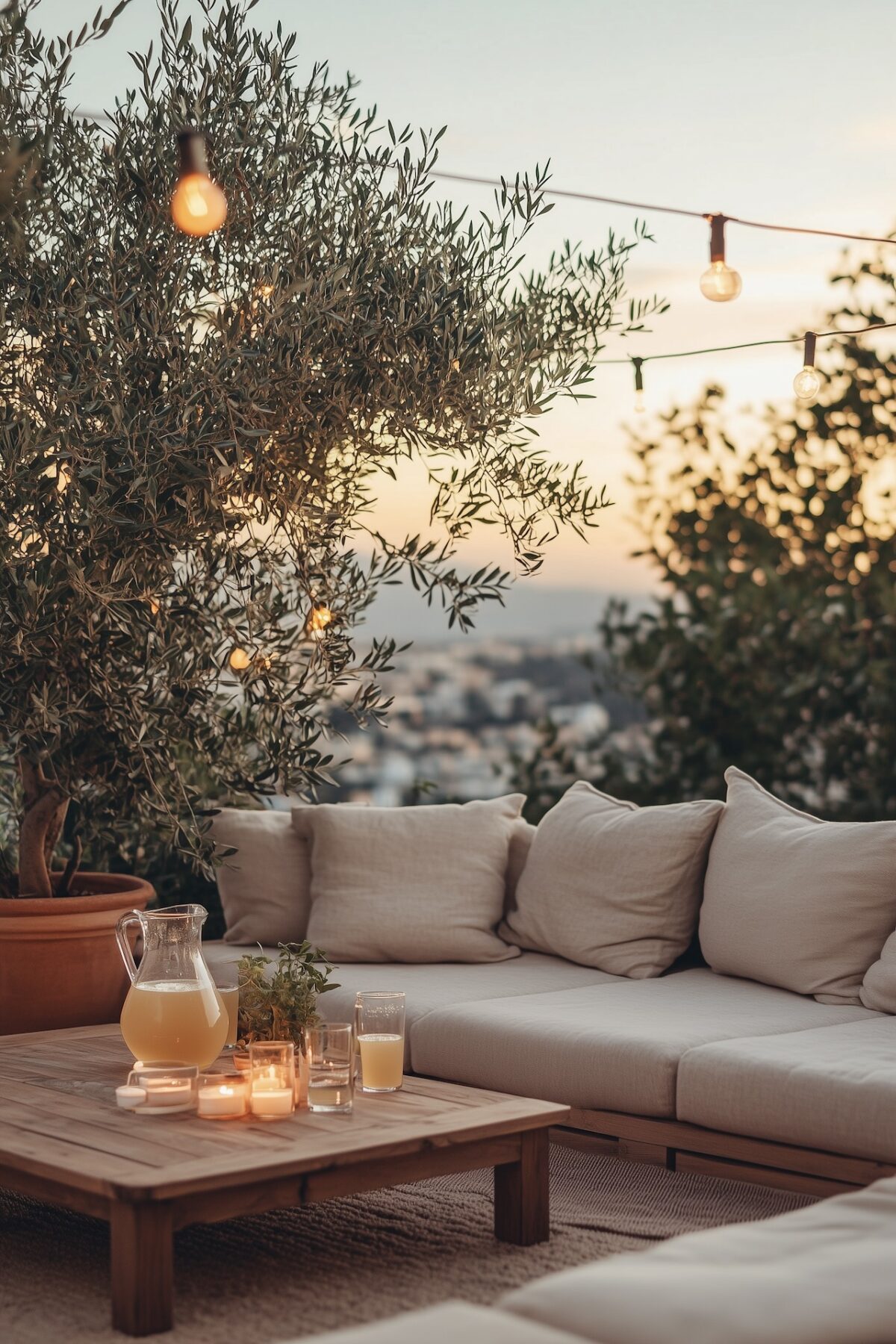 Terrasse aspirationnelle au golden hour avec canapé modulable en lin beige, table basse en teck avec carafe de citronnade, olivier en pot terre cuite, guirlande lumineuse, vue panoramique sur la ville