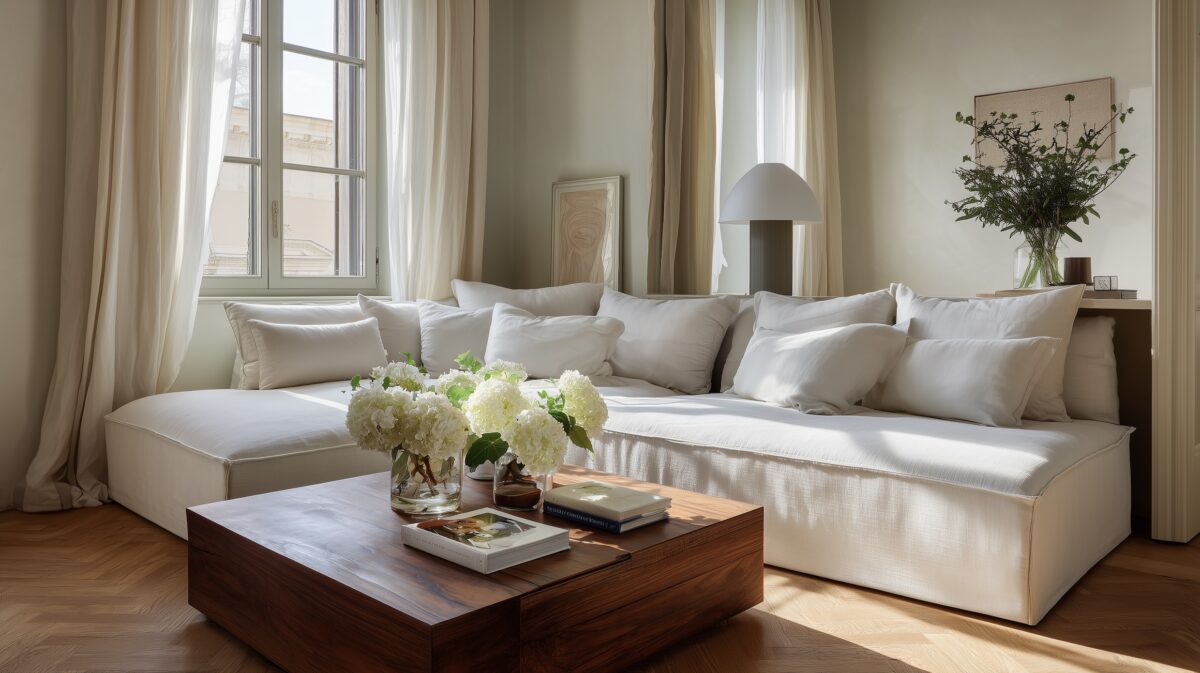 Salon moderne transformé en chambre d'amis avec canapé d'angle convertible ouvert en lit, literie blanche et ambiance douce le soir