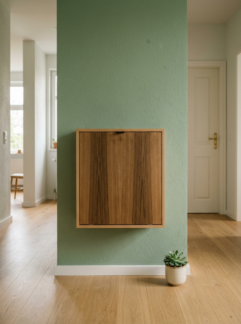 Un bureau mural en bois clair, fermé et plat contre un mur vert sauge, démontrant son aspect gain de place.