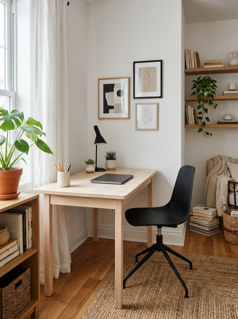 Un coin bureau à domicile stylé et minimaliste, représentatif du design des marques de décoration abordables et tendance.