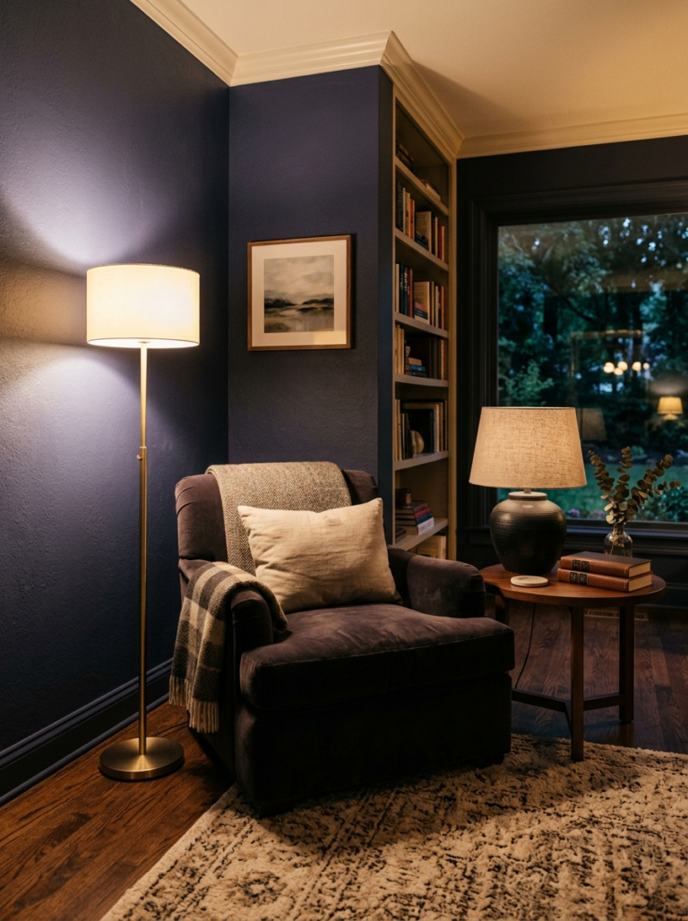 Un coin de salon avec un éclairage d'ambiance chaleureux provenant d'un lampadaire, et une lampe de table éteinte, illustrant la superposition des sources lumineuses.