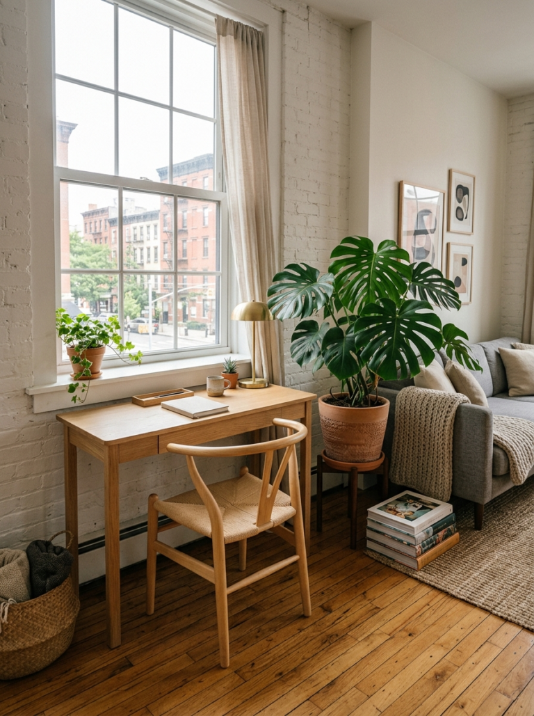 Un coin de salon lumineux dans un petit appartement, avec un bureau console étroit et élégant parfaitement intégré.