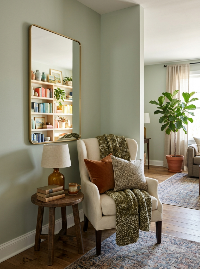 Un coin lecture confortable et bien éclairé, transformé en une oasis de lumière grâce à un miroir qui reflète une bibliothèque colorée.