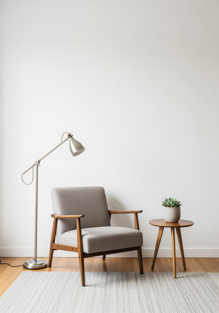 Un coin salon stylé mais réalisable avec un budget de 400€, montrant un fauteuil simple, une lampe et une table d'appoint.