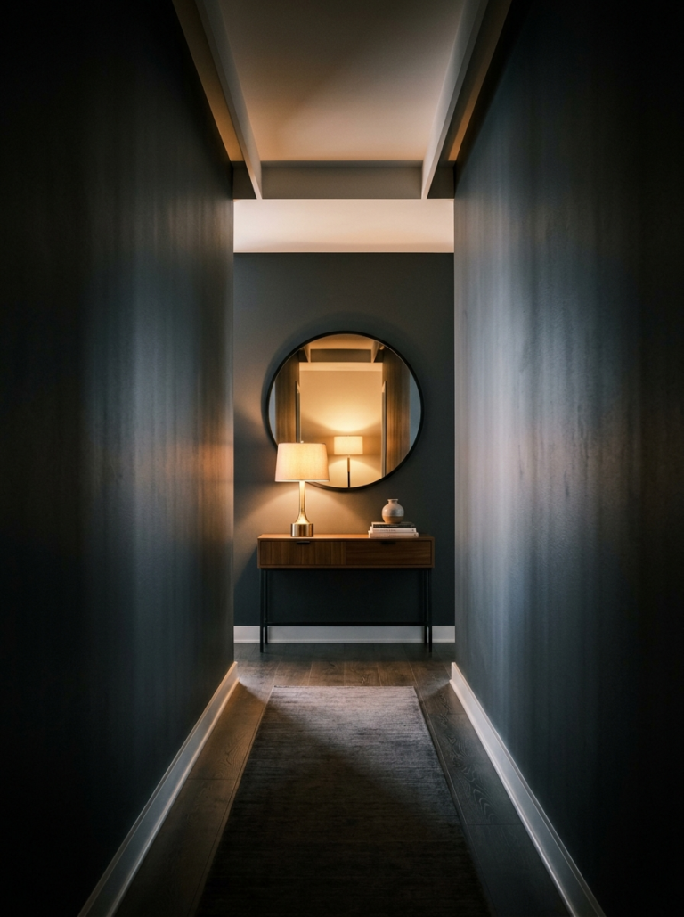 Un couloir étroit et sans fenêtre, illuminé par une lampe de table dont la lueur est réfléchie par un grand miroir rond, créant de la profondeur.