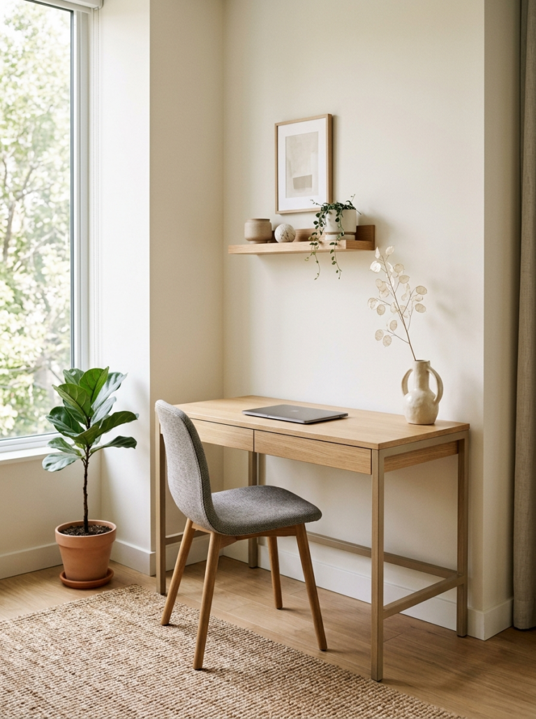 Un espace de travail harmonieux et bien organisé avec un bureau moderne, une chaise et une décoration minimaliste, créant une ambiance sereine.