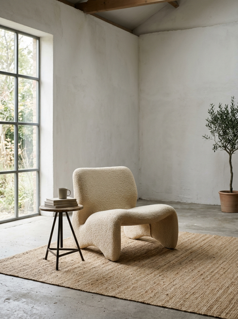 Un fauteuil design sculptural, pièce forte de la décoration, qui rehausse le style d'une pièce autrement simple, illustrant le principe du 'High/Low'.