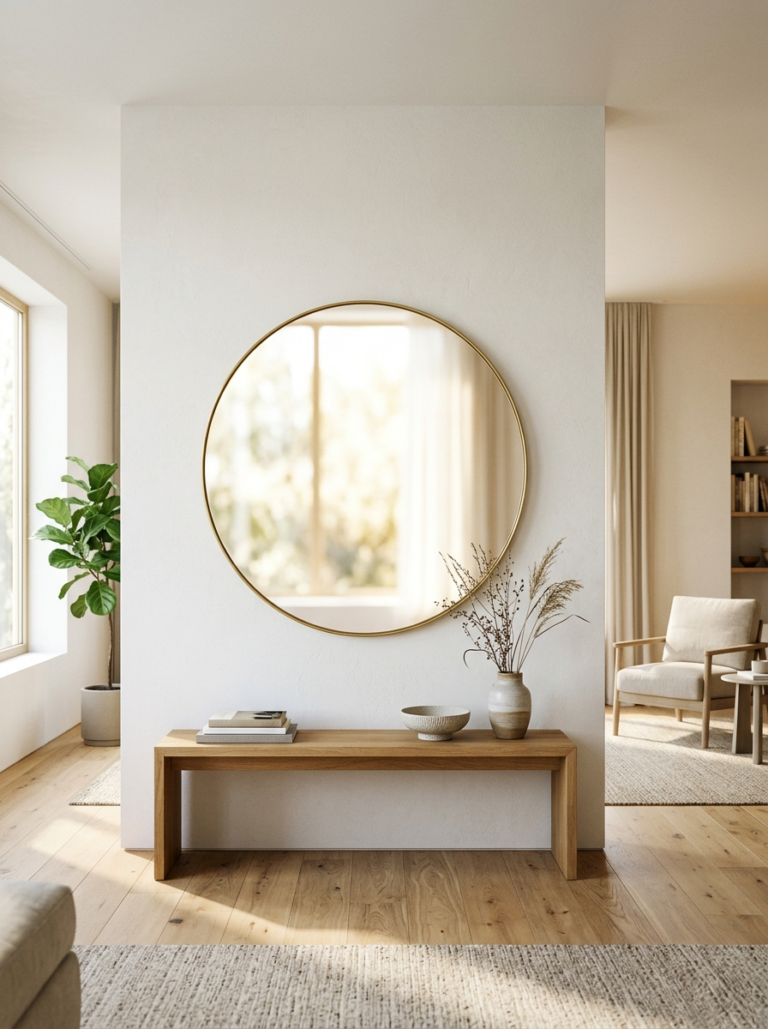 Un grand miroir rond avec un cadre en laiton fin, accroché sur un mur blanc, reflétant la lumière et agrandissant visuellement l'espace.