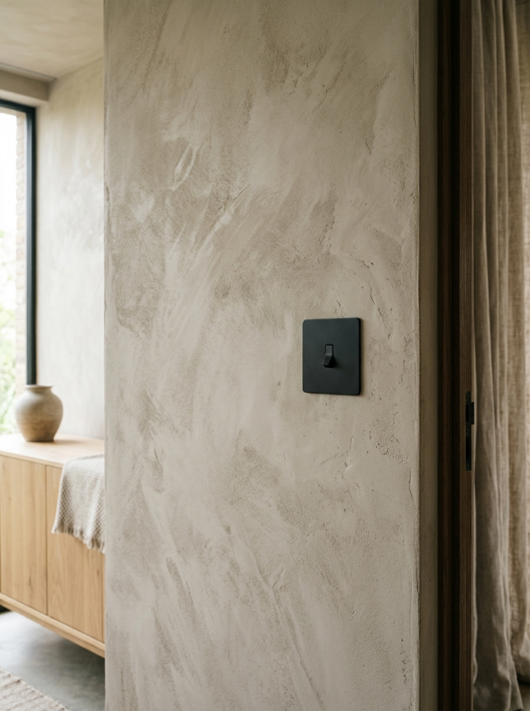 Un interrupteur design en métal noir mat installé sur un mur texturé, démontrant l'importance des détails de finition.