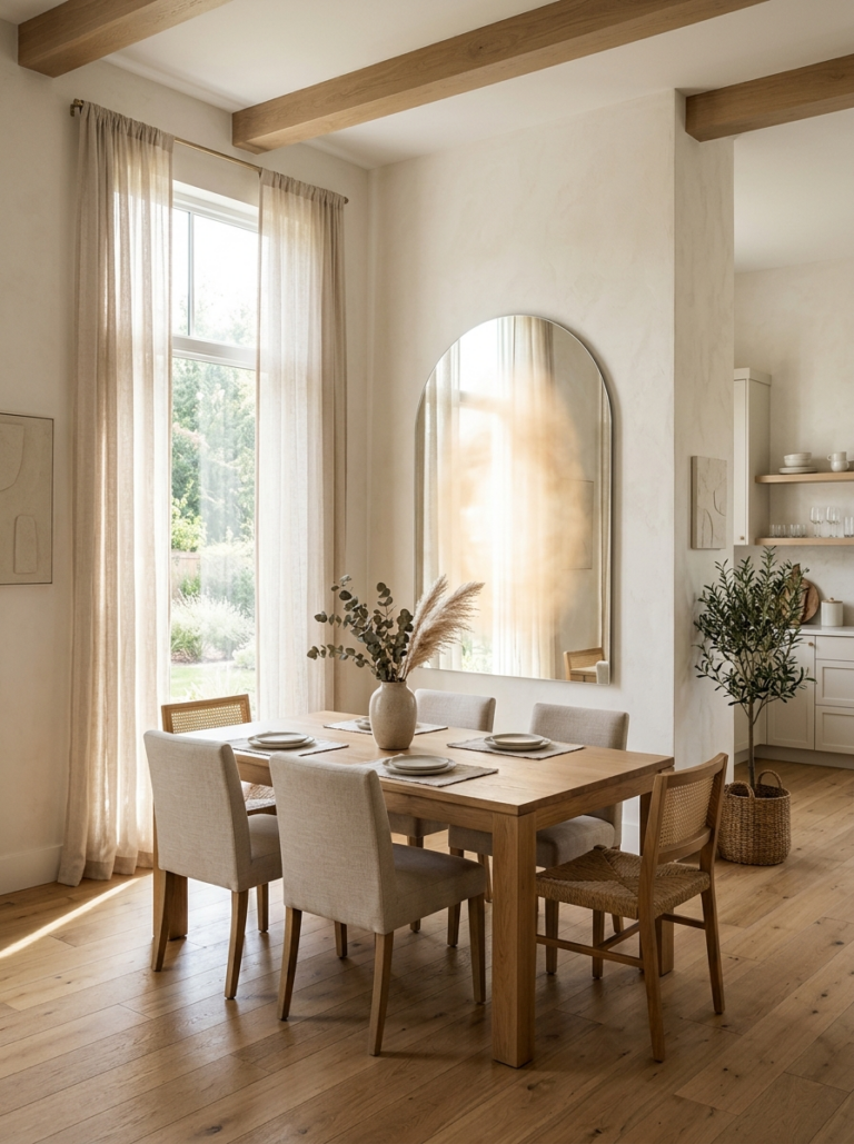 Un miroir en forme d'arche placé en face d'une fenêtre dans une salle à manger, captant et diffusant la lumière du jour dans la pièce.
