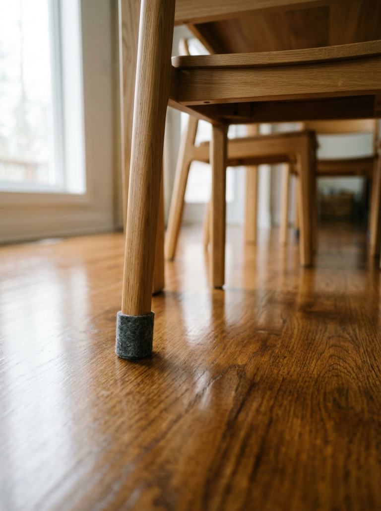 Un patin en feutre sous un pied de chaise sur un parquet impeccable, montrant un geste de protection préventive.