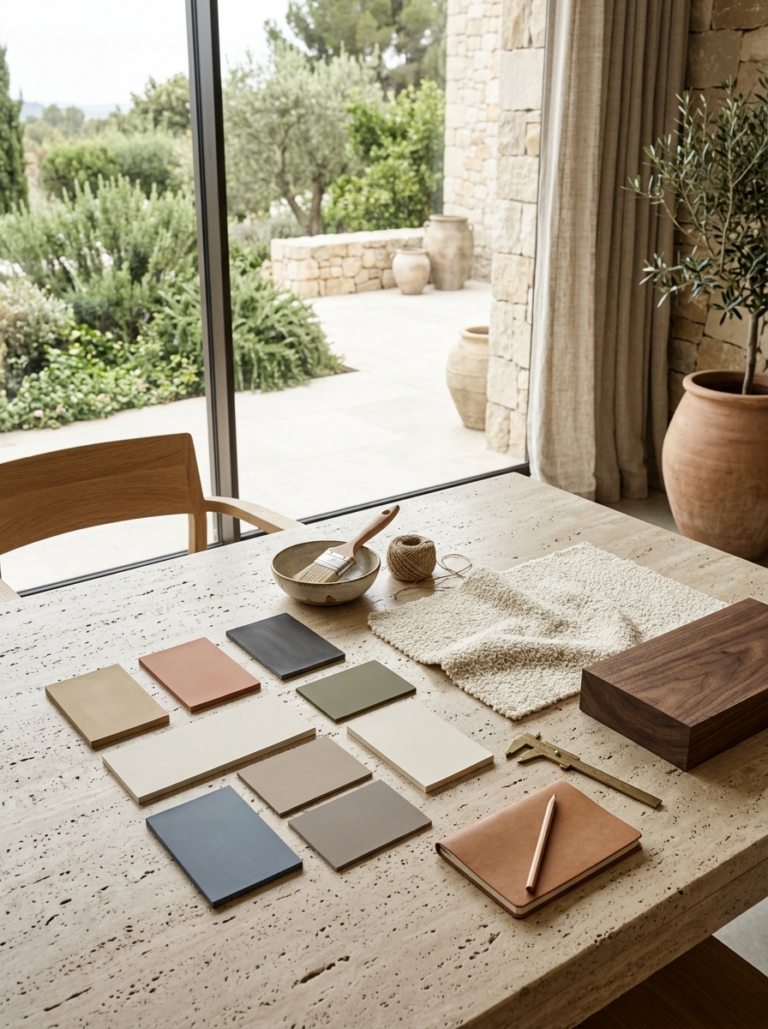 Un plan d'action pour la décoration : des échantillons de peinture, de tissu et de bois, joliment disposés sur une table en travertin.