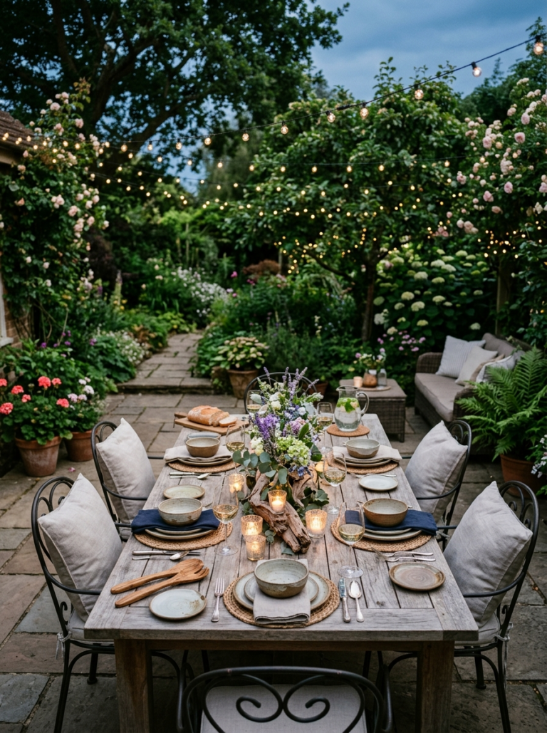 Une belle table d'été, entièrement dressée avec des décorations faites-main, dans l'ambiance douce du crépuscule.