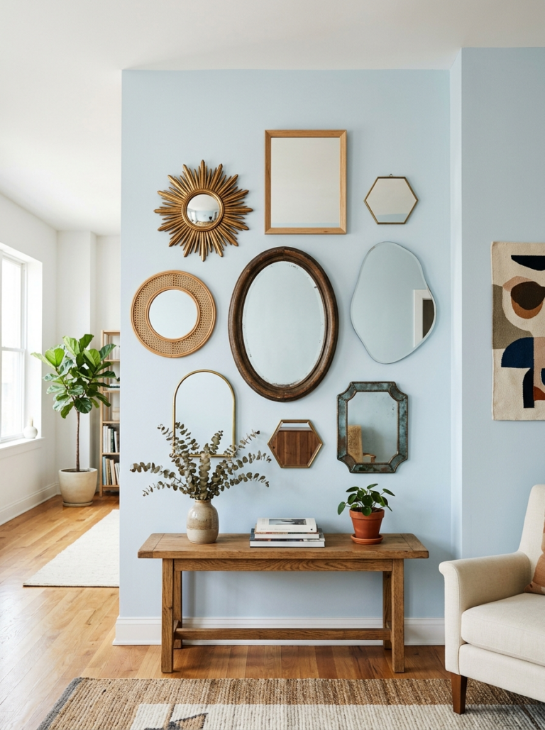 Une collection de miroirs de différentes formes et tailles (ovale, soleil, organique) accrochée sur un mur, illustrant divers styles.