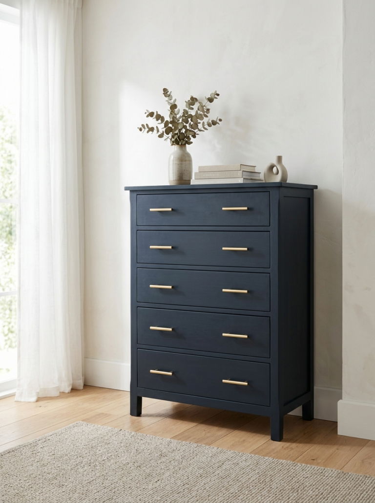 Une commode sombre rehaussée par de nouvelles poignées minimalistes en laiton brossé, démontrant l'impact des détails de quincaillerie.