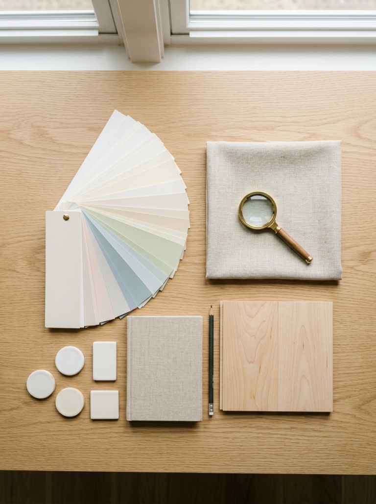 Une composition à plat d'échantillons pour la décoration : nuancier de peintures claires, un morceau de tissu en lin et un échantillon de parquet clair.