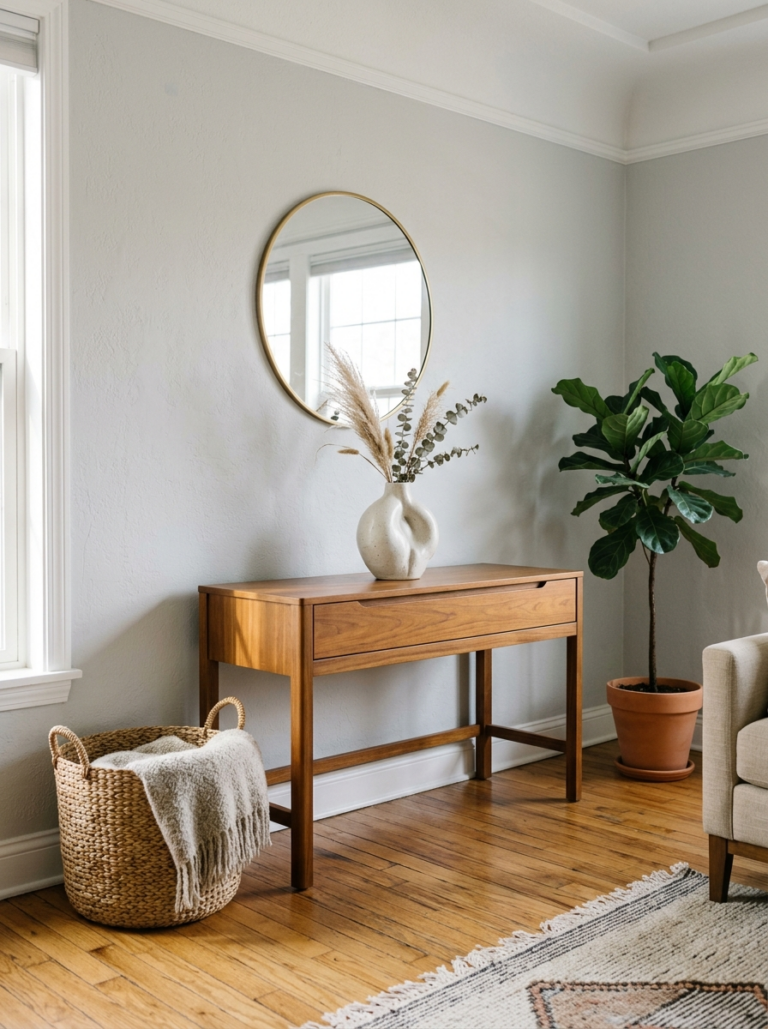 Une console en bois vintage sur laquelle est posé un vase en céramique sculpturale, représentant le chic de la seconde main.
