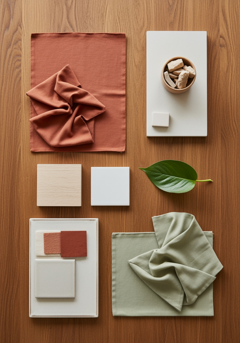 Une table avec des échantillons de matériaux (tissu, bois, carrelage) pour planifier une décoration, symbolisant l'adaptation de l'inspiration à la réalité.